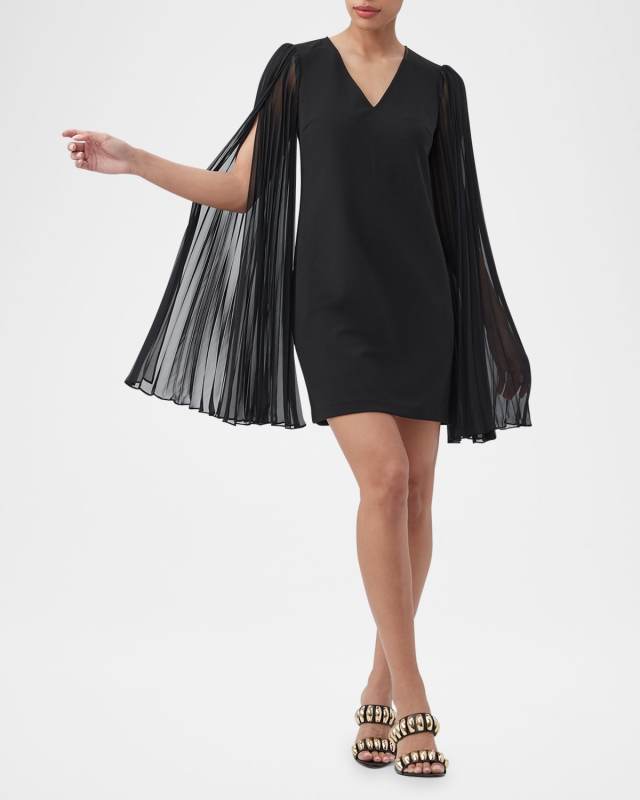 Celestina Pleated Cape-Sleeve Mini Dress